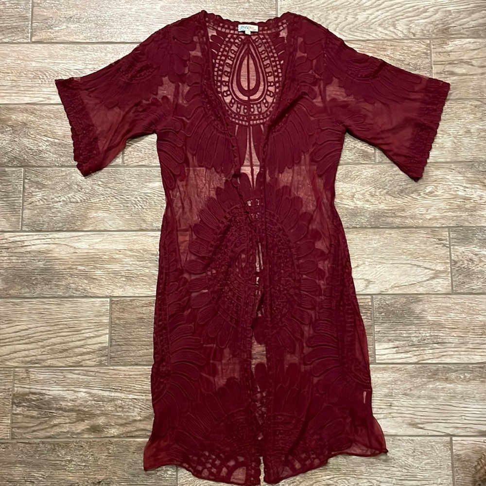 Rebellion Burgundy Lace Short Sleeve Open Front Duster